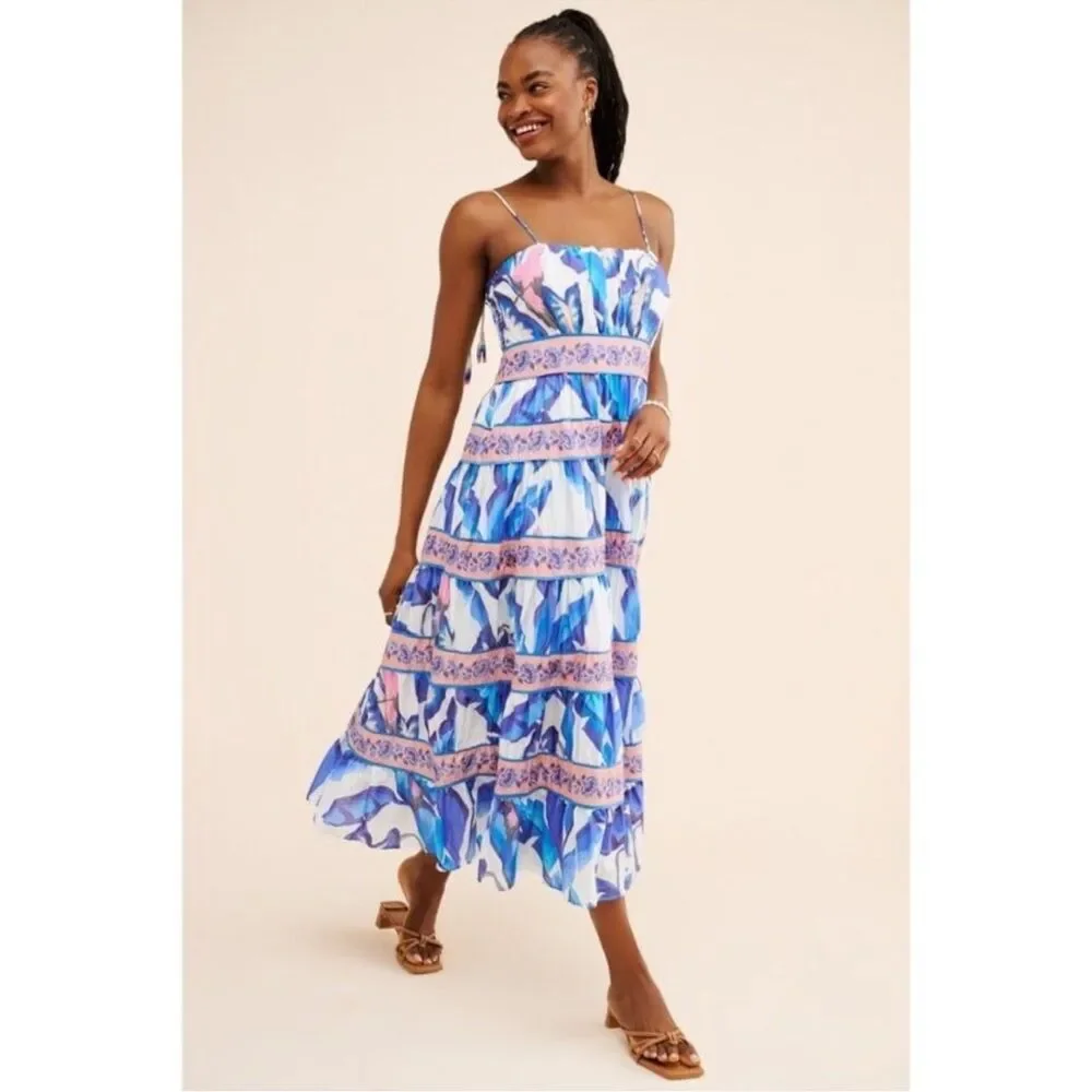 FARM Rio Off White Blue Foliage Midi Dress Size XS - Picture 2 of 16